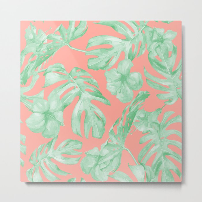 Tropical Palm Leaves Hibiscus Flowers Coral Green Metal Print