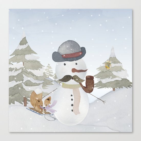 Winter Wonderland- Funny Snowman and friends - Watercolor illustration III Canvas Print