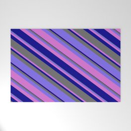 [ Thumbnail: Medium Slate Blue, Orchid, Dark Blue & Dim Grey Colored Stripes/Lines Pattern Welcome Mat ]