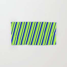 [ Thumbnail: Light Green and Blue Colored Striped/Lined Pattern Hand & Bath Towel ]