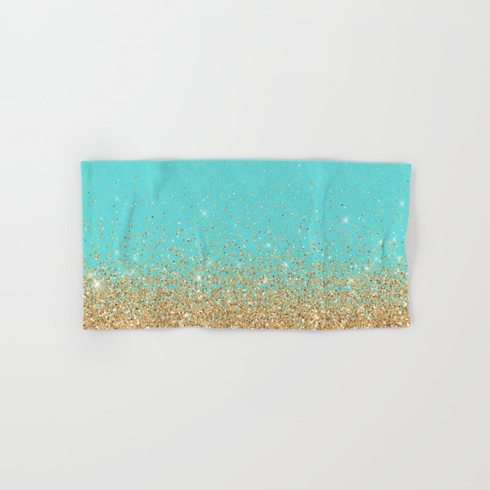 Sparkling gold glitter confetti on aqua teal damask background Hand & Bath Towel