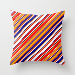 [ Thumbnail: White, Dark Blue, Orange & Red Colored Stripes/Lines Pattern Throw Pillow ]