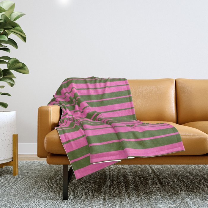 Hot Pink and Dark Olive Green Colored Lined Pattern Throw Blanket