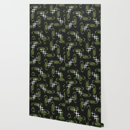 Retro Atomic Age Swirls Stars Pattern Black Olive Green Wallpaper
