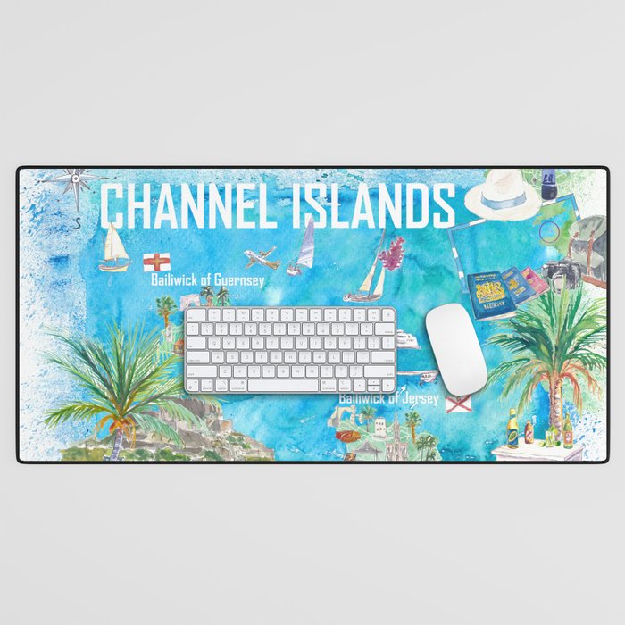 Channel Islands Guernsey Jersey Alderney Illustrated Travel Map with