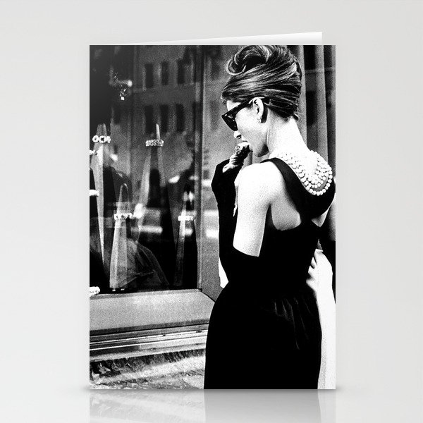 Audrey Hepburn in Black Gown, Jewelry, Vintage Black and White Art Stationery Cards