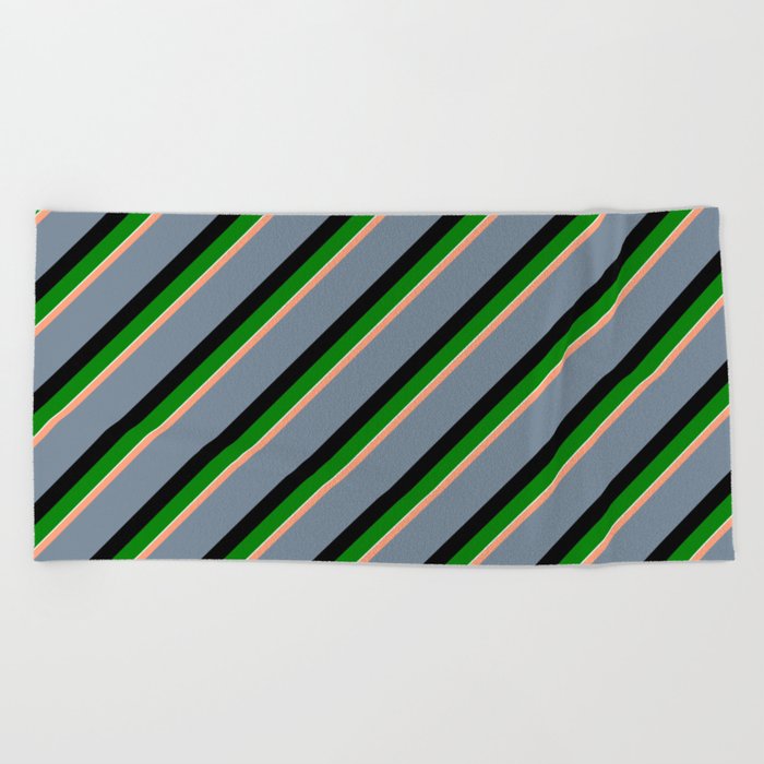 Light Salmon, Light Slate Gray, Black, Green, and Light Cyan Colored Stripes/Lines Pattern Beach Towel