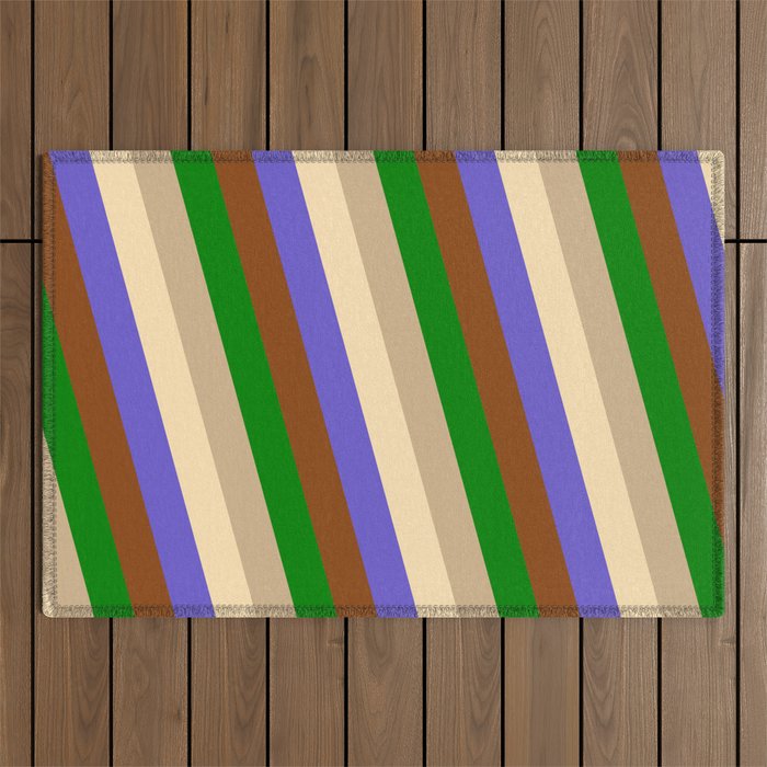 Eye-catching Brown, Green, Tan, Beige & Slate Blue Colored Pattern of Stripes Outdoor Rug