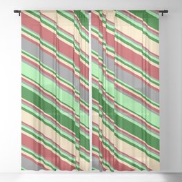 [ Thumbnail: Eyecatching Grey, Green, Dark Green, Beige, and Red Colored Lines Pattern Sheer Curtain ]