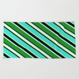 [ Thumbnail: Turquoise, Beige, Forest Green, and Black Colored Lined Pattern Beach Towel ]
