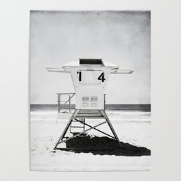 Black and White Beach Photography, Grey Lifeguard Stand, Gray Coastal Nautical Art Poster