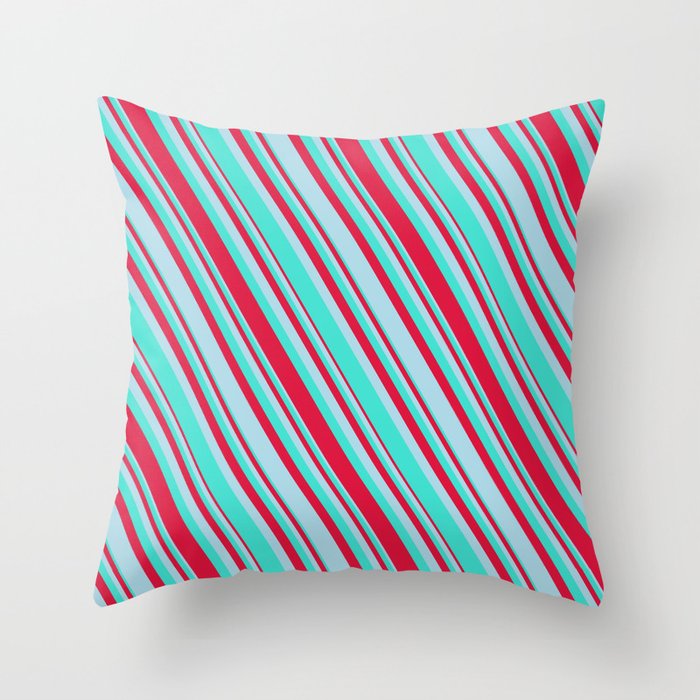 Turquoise, Crimson, and Light Blue Colored Lined Pattern Throw Pillow