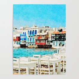 Watercolor Little Venice in Mykonos Poster