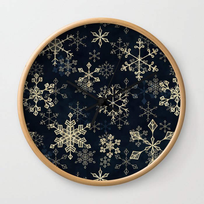 Snowflake Crystals in Gold Wall Clock