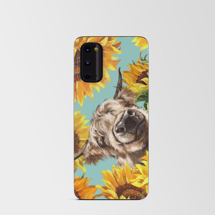 Highland Cow with Sunflowers in Blue Android Card Case