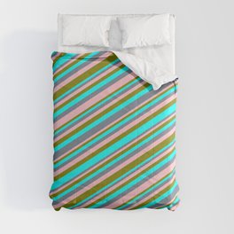 [ Thumbnail: Cyan, Slate Gray, Pink & Green Colored Lines Pattern Comforter ]