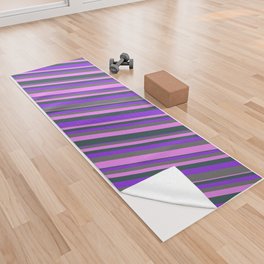 [ Thumbnail: Purple, Dim Grey, Violet, and Dark Slate Gray Colored Lines/Stripes Pattern Yoga Towel ]