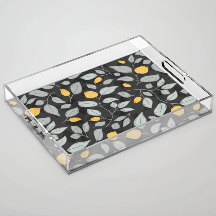Yellow tulips pattern on a black background Acrylic Tray