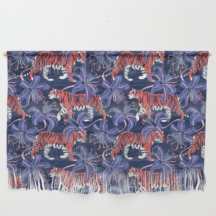 Tigers in a tiger lily garden // textured navy blue background coral wild animals very peri flowers Wall Hanging
