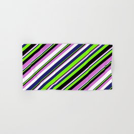 [ Thumbnail: Midnight Blue, Green, Black, Orchid & White Colored Stripes Pattern Hand & Bath Towel ]