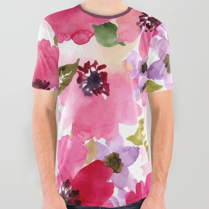 Watercolor Flowers Pink Fuchsia All Over Graphic Tee