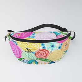 Roses round bouquet in pinks yellow and blue Fanny Pack