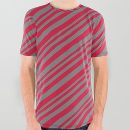 [ Thumbnail: Crimson and Gray Colored Lined Pattern All Over Graphic Tee ]