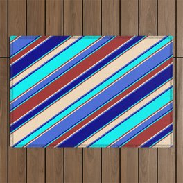 [ Thumbnail: Eye-catching Brown, Bisque, Royal Blue, Dark Blue & Cyan Colored Lined/Striped Pattern Outdoor Rug ]