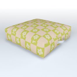 Retro Daisy Checker Pattern - green pink Outdoor Floor Cushion