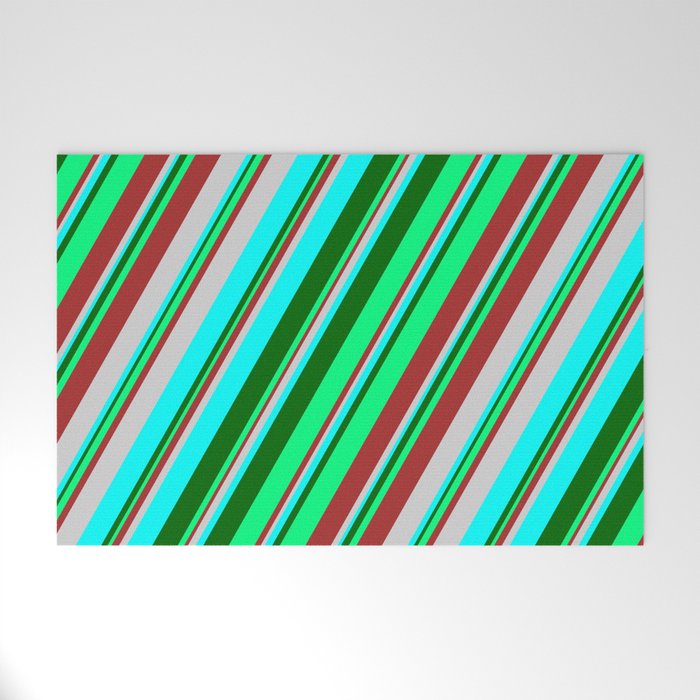 Colorful Brown, Light Grey, Cyan, Dark Green, and Green Colored Stripes Pattern Welcome Mat