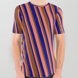 [ Thumbnail: Blue, Brown & Salmon Colored Stripes Pattern All Over Graphic Tee ]