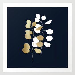Leaf Duo, Gold and White on Navy Blue Art Print