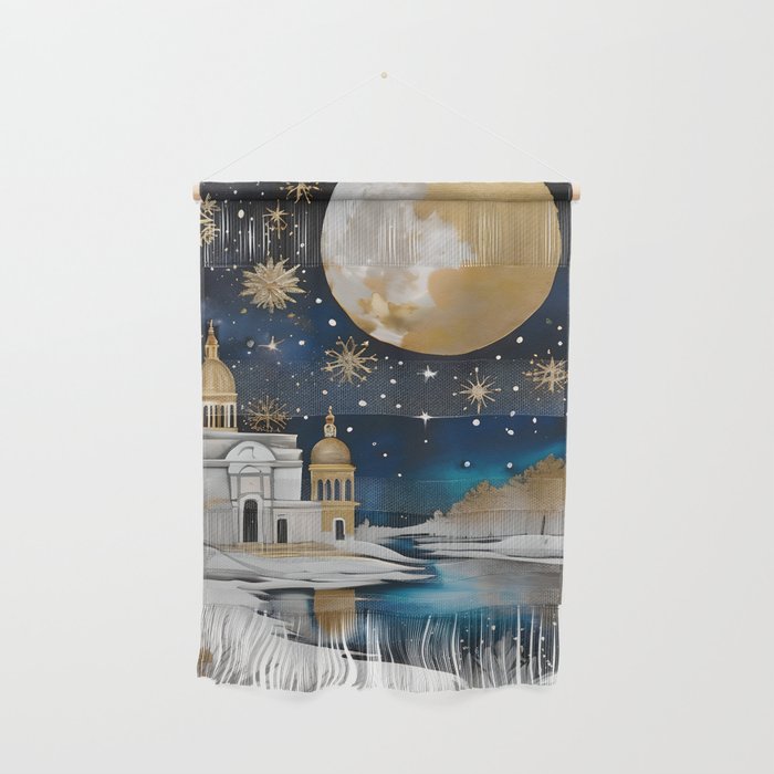 Christmas in Rome - Italy Winter Holiday Gold and Silver Landscape and Cityscape Art Wall Hanging