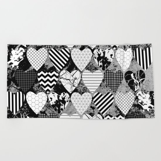 Textured Black And White Hearts - Abstract, geometric pattern Beach Towel