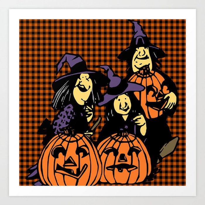 Funny Halloween Witches Pumpkin & Orange Buffalo Plaid Art Print