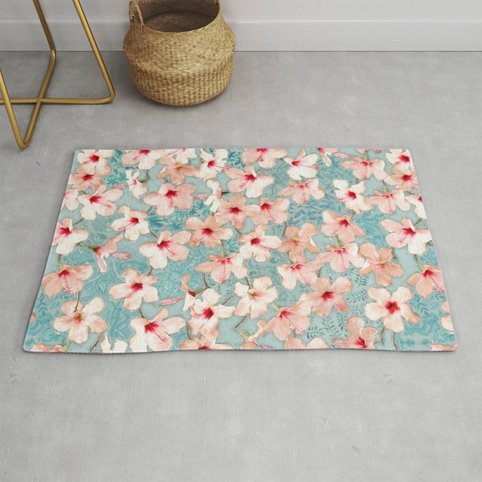 Shabby Chic Hibiscus Patchwork Pattern in Peach & Mint Rug by micklyn ...