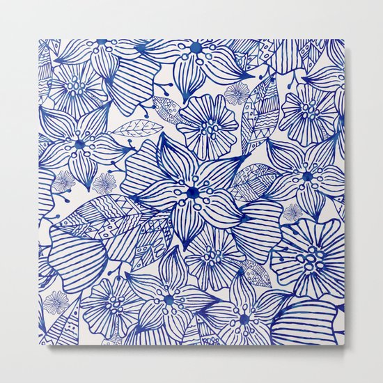 Hand painted royal blue white watercolor floral illustration Metal Print