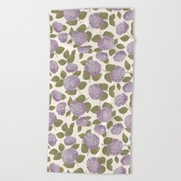 Floral pattern with large hydrangea flowers. Retro design in a purple and green palette. Beach Towel