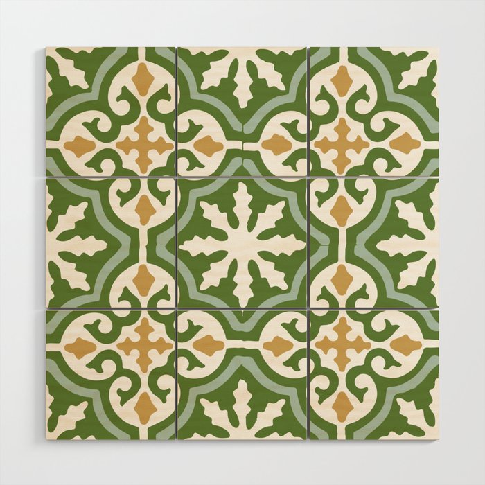 Moroccan Modern Geometric Mosaic tilework Green and Yellow Wood Wall Art