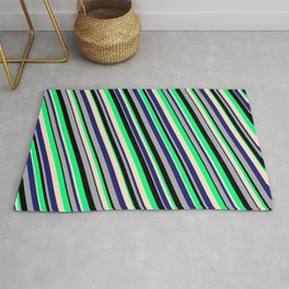 [ Thumbnail: Eyecatching Green, Bisque, Midnight Blue, Dark Grey, and Black Colored Lines/Stripes Pattern Rug ]