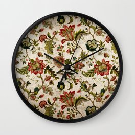 Red Green Jacobean Floral Embroidery Pattern Wall Clock