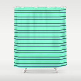 [ Thumbnail: Aquamarine, Forest Green, and Slate Blue Colored Lined Pattern Shower Curtain ]