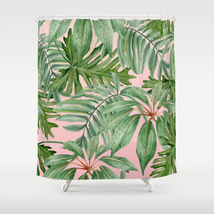 Tropical art,Palmtree,monstera pattern,pink background Shower Curtain