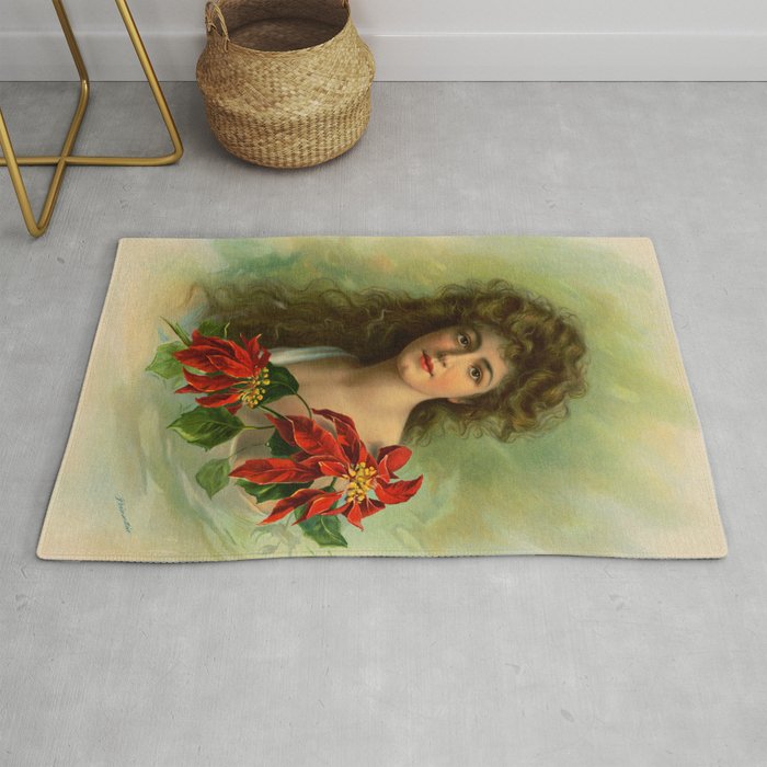  Girl with poinsettia restored Rug