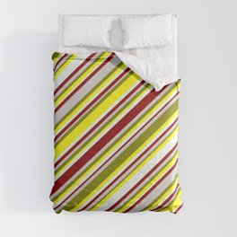 [ Thumbnail: Eyecatching Green, Yellow, Mint Cream, Dark Red, and Light Gray Colored Lined Pattern Comforter ]