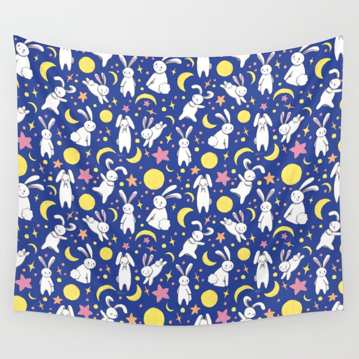 Moon Bunny (Blue) Wall Tapestry