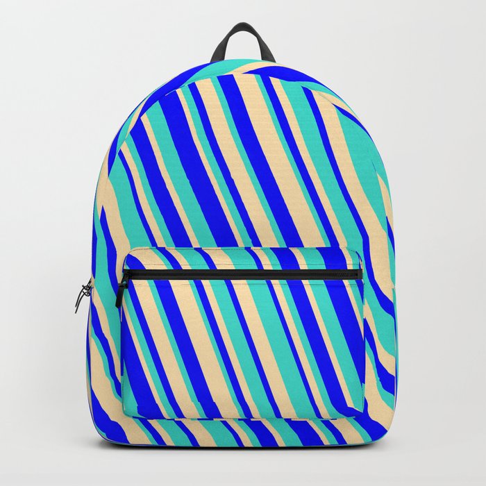 Blue, Turquoise & Beige Colored Striped/Lined Pattern Backpack