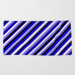 [ Thumbnail: Blue, Beige, Medium Slate Blue & Black Colored Stripes Pattern Beach Towel ]