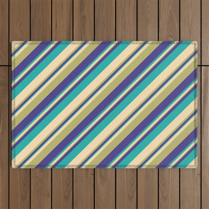Beige, Dark Khaki, Dark Slate Blue, and Light Sea Green Colored Striped Pattern Outdoor Rug