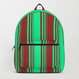 [ Thumbnail: Green & Brown Colored Striped/Lined Pattern Backpack ]